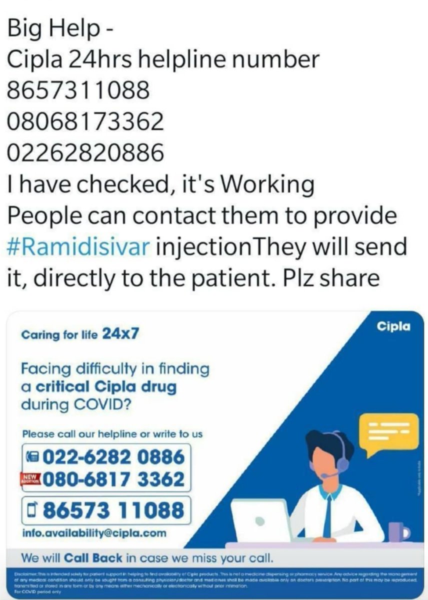 Sashakt_'s tweet photo. Big Help By @Cipla_Global 
Contact them for #Remedisivir injection. They will send it, directly to the patient. 
Helpline Number :- 02262820886, 08068173362
Mobile Number :- 8657311088

Please Share this tweet for maximum reach.
@CiplaFoundation #UttarPradesh #IndiaFightsCorona https://t.co/aI8cYGGrX9