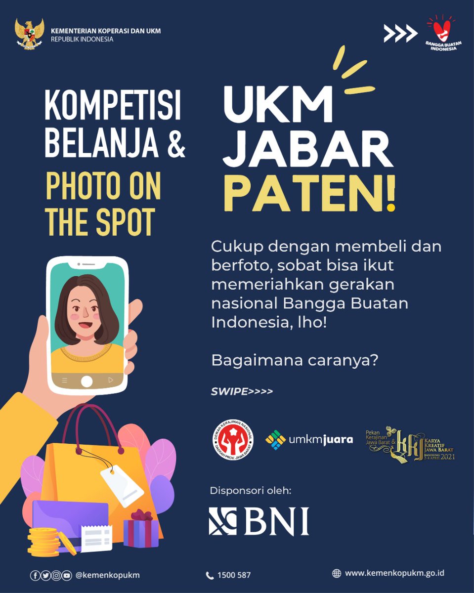 Yuk ramaikan Gerakan Nasional Bangga Buatan Indonesia dengan mengikuti lomba Photo on The Spot UKM Jabar Paten.

#UKMJabarPaten
#KemenkopUKM
#UMKMBangkit
#KoperasiKeren
#IndonesiaMaju