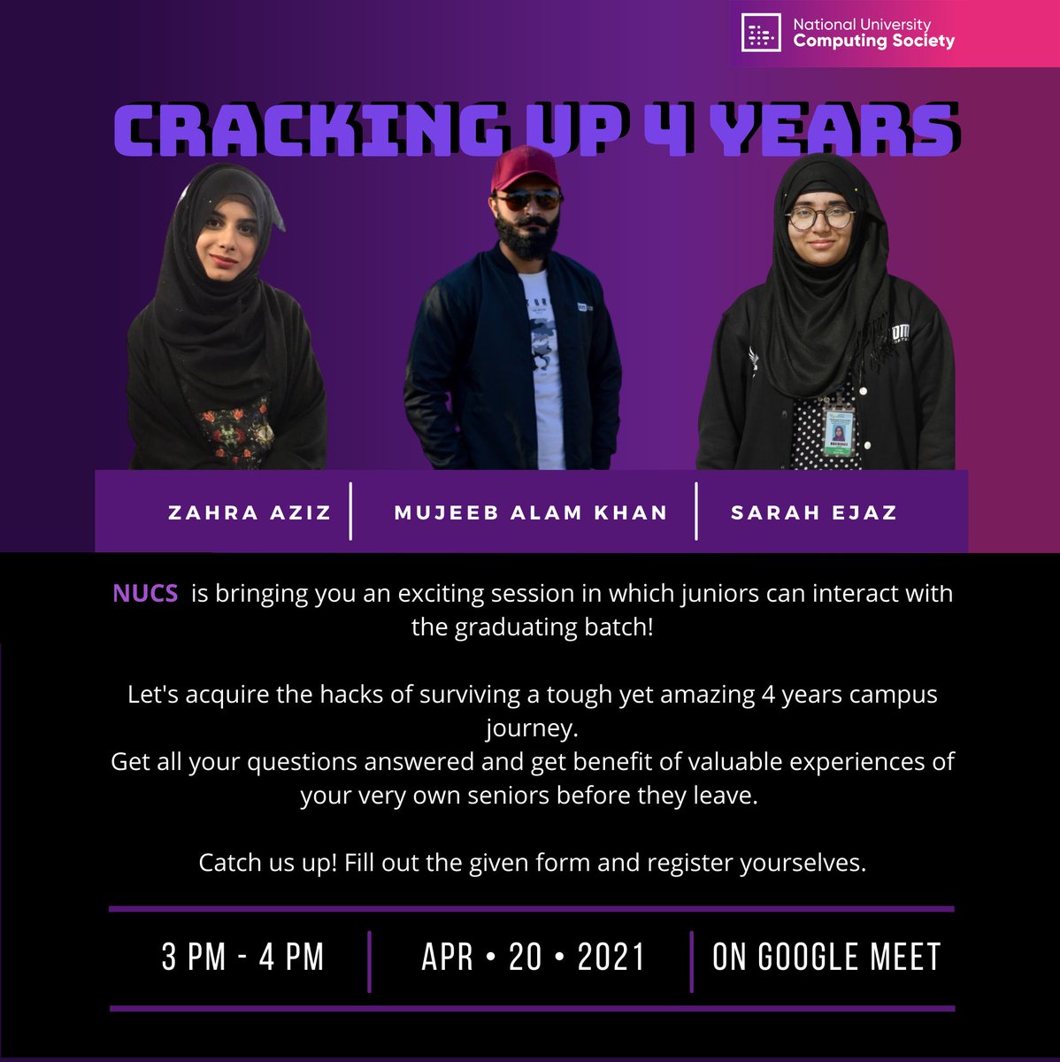 NUCompSoc's tweet photo. "CRACKING UP 4 YEARS" GET A CHANCE TO MEET YOUR SENIORS AND ACQUIRE THOSE LIFE HACKS!

REGISTER NOW! 

https://t.co/x8ket32gbd

#tech #graduation2021 #seniors https://t.co/cr7Mz4dXas