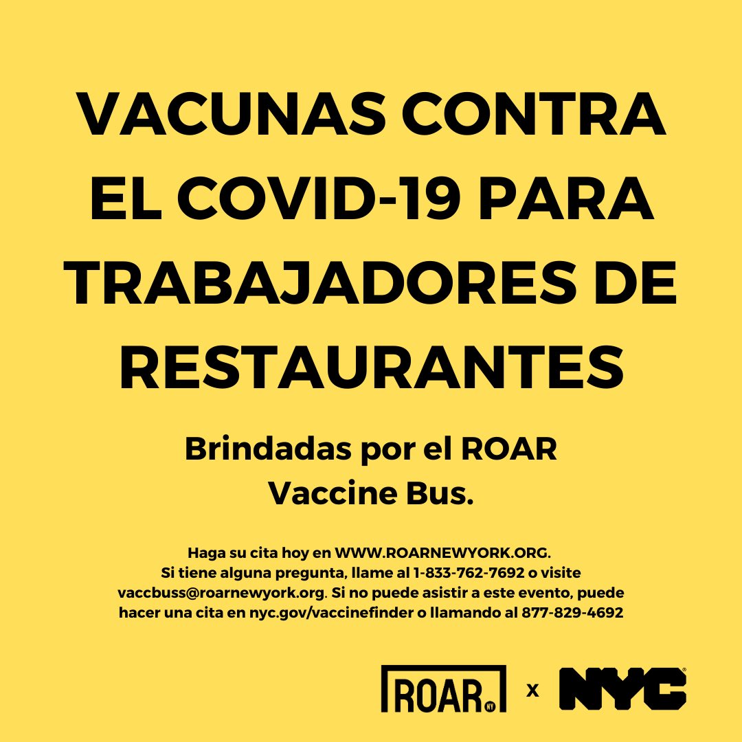 Make your vaccine appointment with ROAR NY - in partnership with NYC, they’re bringing the Mobile Vaccine Bus to #Chinatown from 4/21-24 to vaccinate restaurant workers &amp; delivery workers. #letsgetvaccinatednyc #restaurantworkers #vaccineappointment #chinatownnyc #deliveryworkers