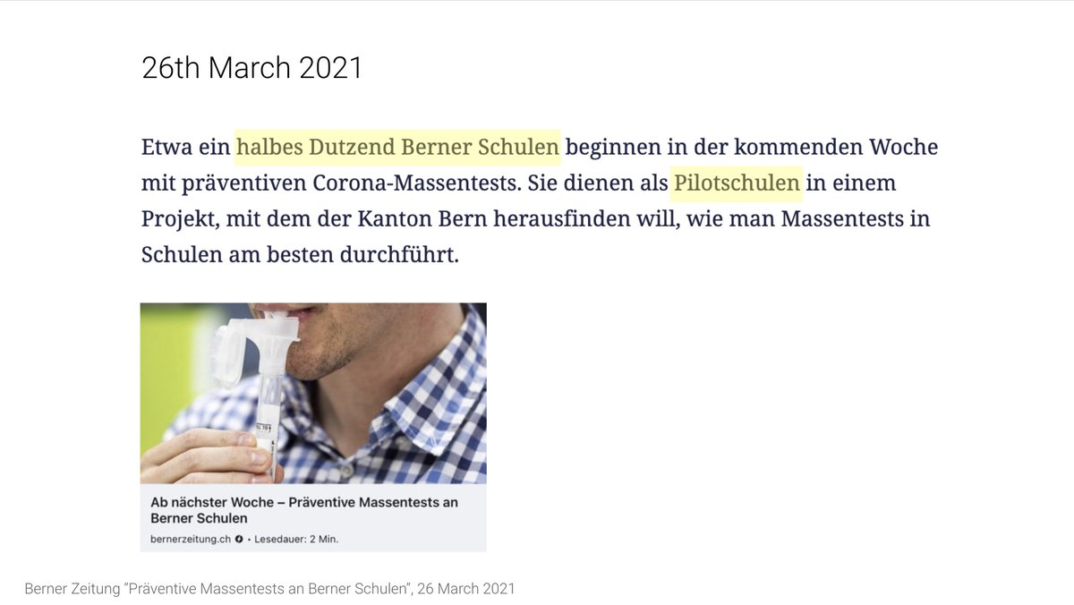 At the end of March the Canton of Bern decided to start a mass testing pilot with six schools. Why? Well, it makes sense to test the mechanics of this before you roll it out, doesn't it?Yes, except that the Canton of Grisons has been running these mass tests *for months*.