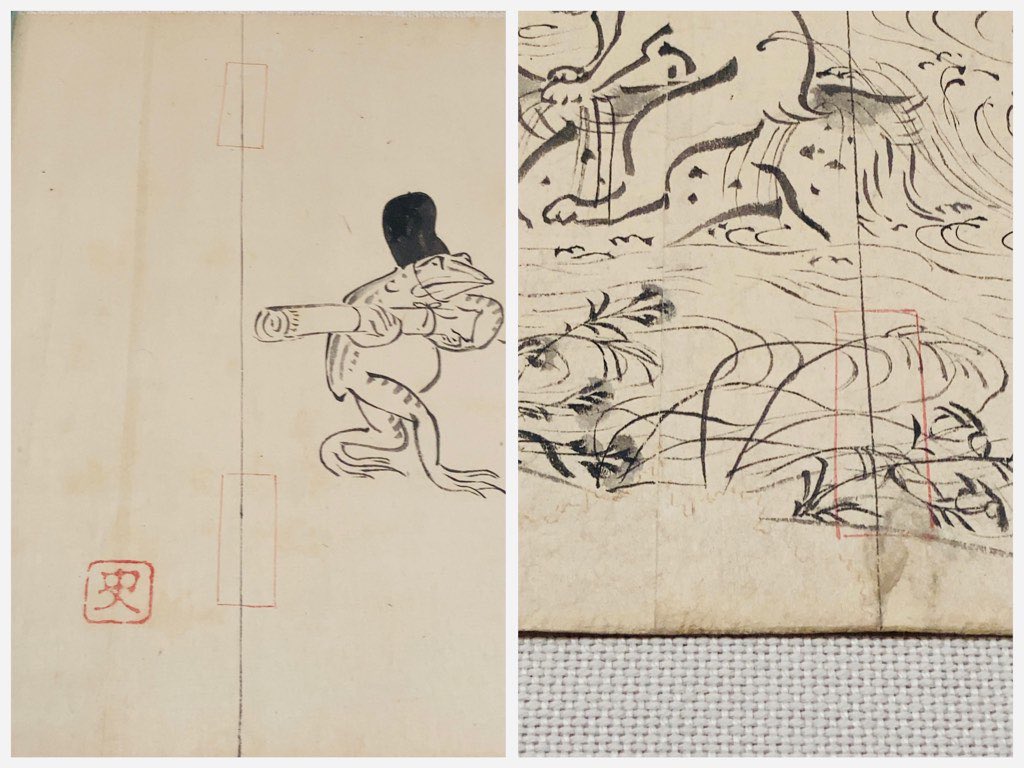 Iioka 鳥獣戯画展 今回の音声ガイドで知ったのですが 絵巻の 高山寺 の印は 紙の継ぎ目に押印されているそう ガイド利用は毎回ではありませんが 共有したくなる情報が色々で楽しいですね 鳥獣戯画展スピンオフ 甲巻の模本では印が四角で表現され