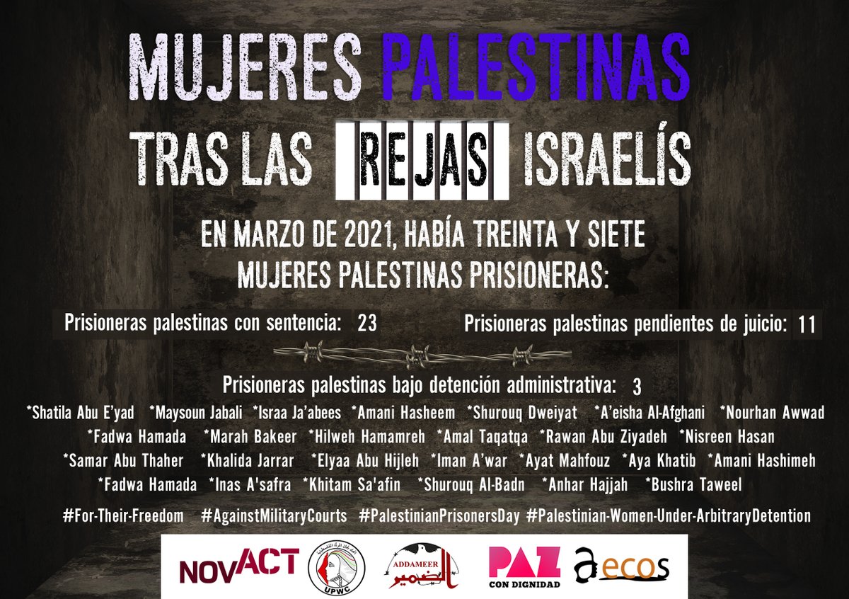 Des de l’inici de l’ocupació, més de 10.000 dones palestines han estat arrestades i detingudes per les forces d’ocupació israelianes (IOF)
#For_Their_Freedom #PalestinianPrisonersDay
Adhereix-te a la campanya ➡️ bit.ly/3dkvxJP