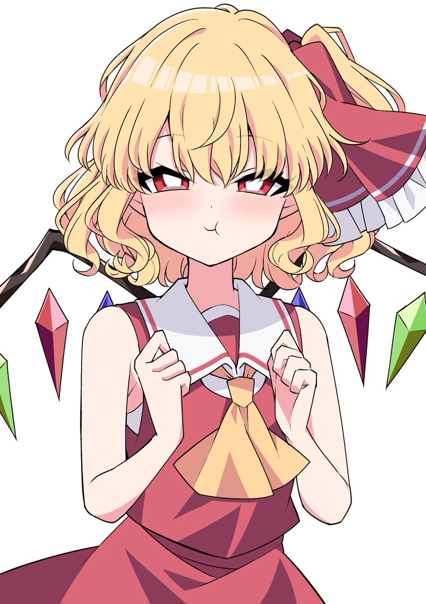 flandre scarlet 1girl solo blonde hair wings red eyes white background ascot  illustration images