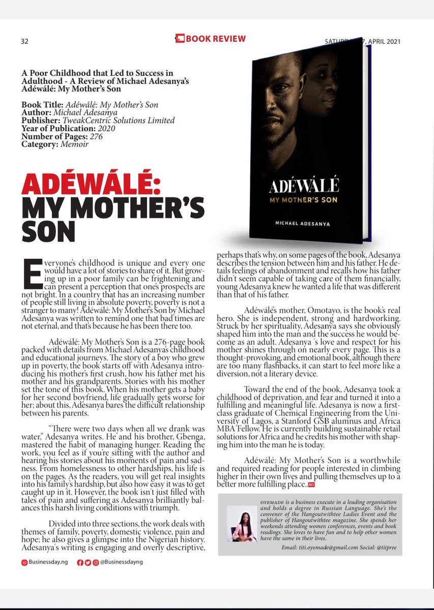 tiiPREE's tweet photo. Todays #Bookreview 
Title: Adewale: My Mothers Son
Author: Michael Adesanya @mlkadesanya1
#businessdayweekender 
https://t.co/uY2XQeR8qc https://t.co/oZXjjkmHo5