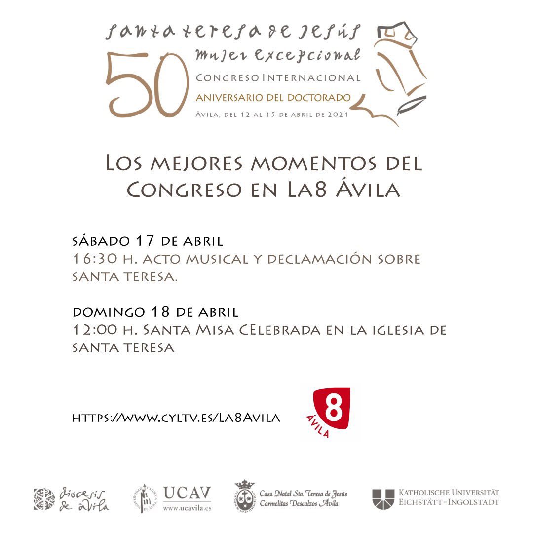 SantaDoctora's tweet photo. Hoy vuelve @SantaDoctora  
📺 @la8avila en tu casa:
-Sábado: 16:30 Acto musical y declamación sobre Santa Teresa

¿Estás fuera de la provincia de Ávila? 
💻 https://t.co/KfAG1pOeNu
@UCAVILA_ @diocesisdeavila @ocdiberica @Katholische_Uni https://t.co/gzPlDWkudm