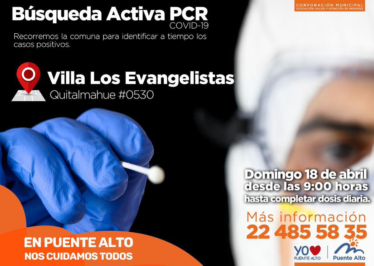 mpuentealto's tweet photo. Este fin de semana continuamos la búsqueda de casos Covid-19 en Puente Alto. Si necesita tomarse el examen de manera gratuita los esperamos en nuestros #OperativosPCR. Recuerde llevar su cédula de identidad y permiso temporal que puede obtener en: https://t.co/t2igpybn24. https://t.co/jfBhbdqZGz