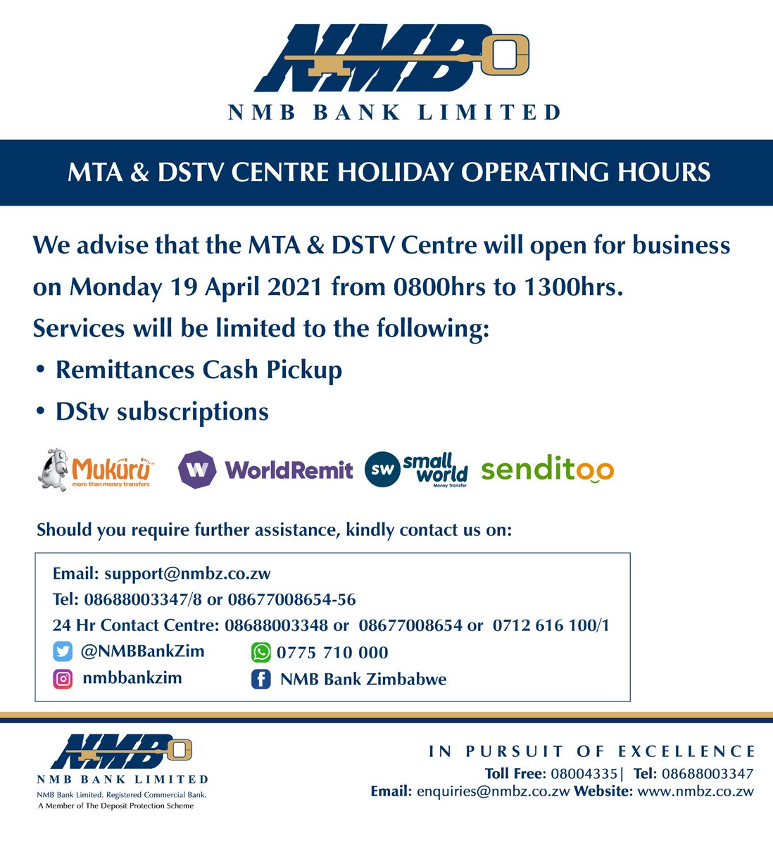 NMBBankZim's tweet photo. Need to pick up cash during the long weekend? We are open just for you this holiday, USD guaranteed! #NMBMTA #NMBBank #AskSeraNMB #NMBRedefiningBanking #NMBConnect #NMBYourDigitalBank https://t.co/7HAEc7ohsB