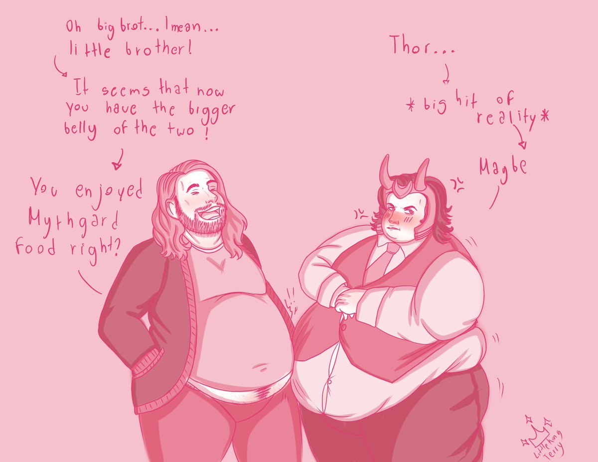 I just couldn't help but draw this pair comparing their bellies, Thor is so proud of how big Loki is now #weightgain #wg #feederism #fatart #chubbymen #chubbyart #fatloki #fatthor https://t.co/Sxw892LAEO