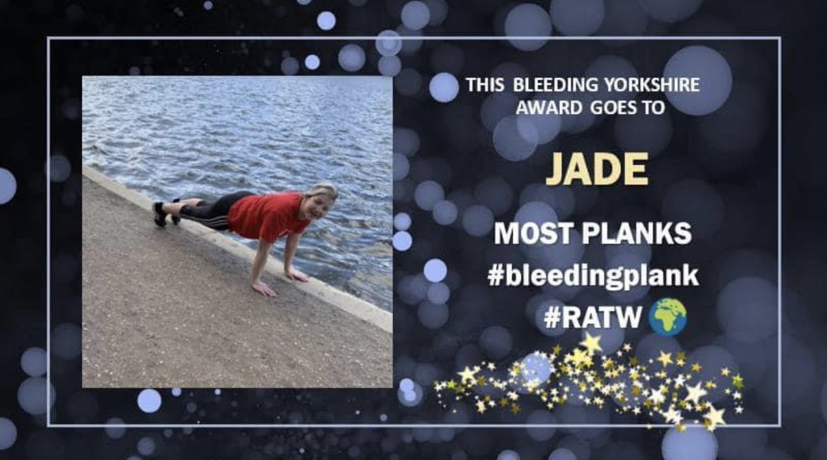 BleedYorkshire's tweet photo. 🏆Most planks award goes to JADE!🏆Well done to Jade and everyone’s planking efforts!👏🏼👏🏼👏🏼The #bleedingplank challenge has been great fun!😁 #RATW #WHDAY2021 https://t.co/seBwpWv5BB