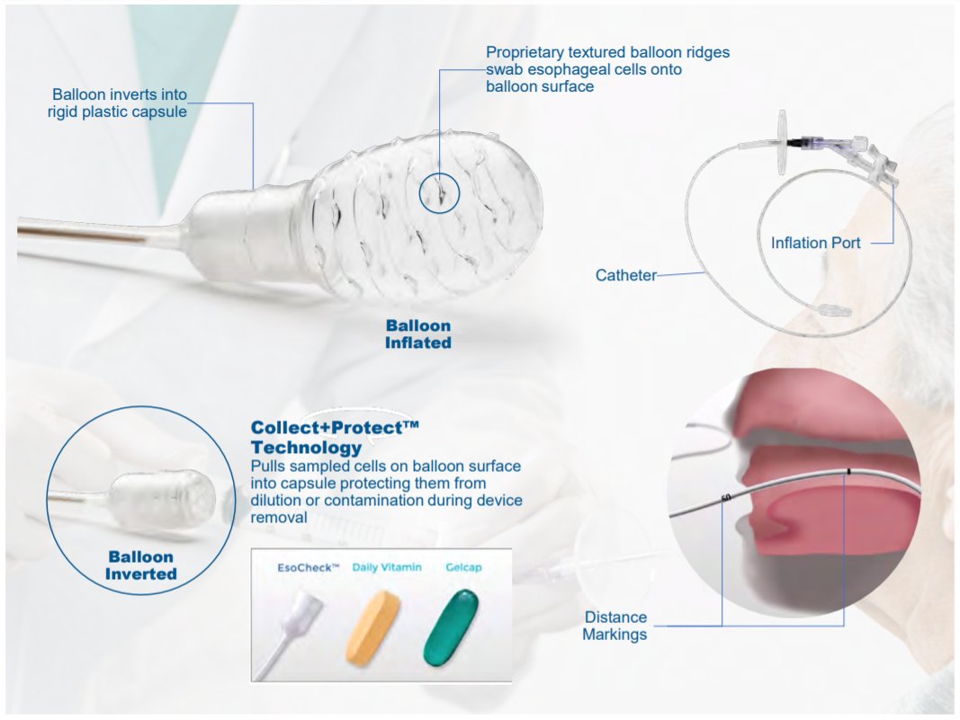 5/ Enter  $PAVM.EsoCheck is an esophageal cell collection device. - Pill-sized bubble - "collect+protect" tech- Office-based / <5 min- FDA clearance on 6/21/19 (adults >22 y.o.)- Patents end '34- Manufacturing contract w/ Coastline Int'l