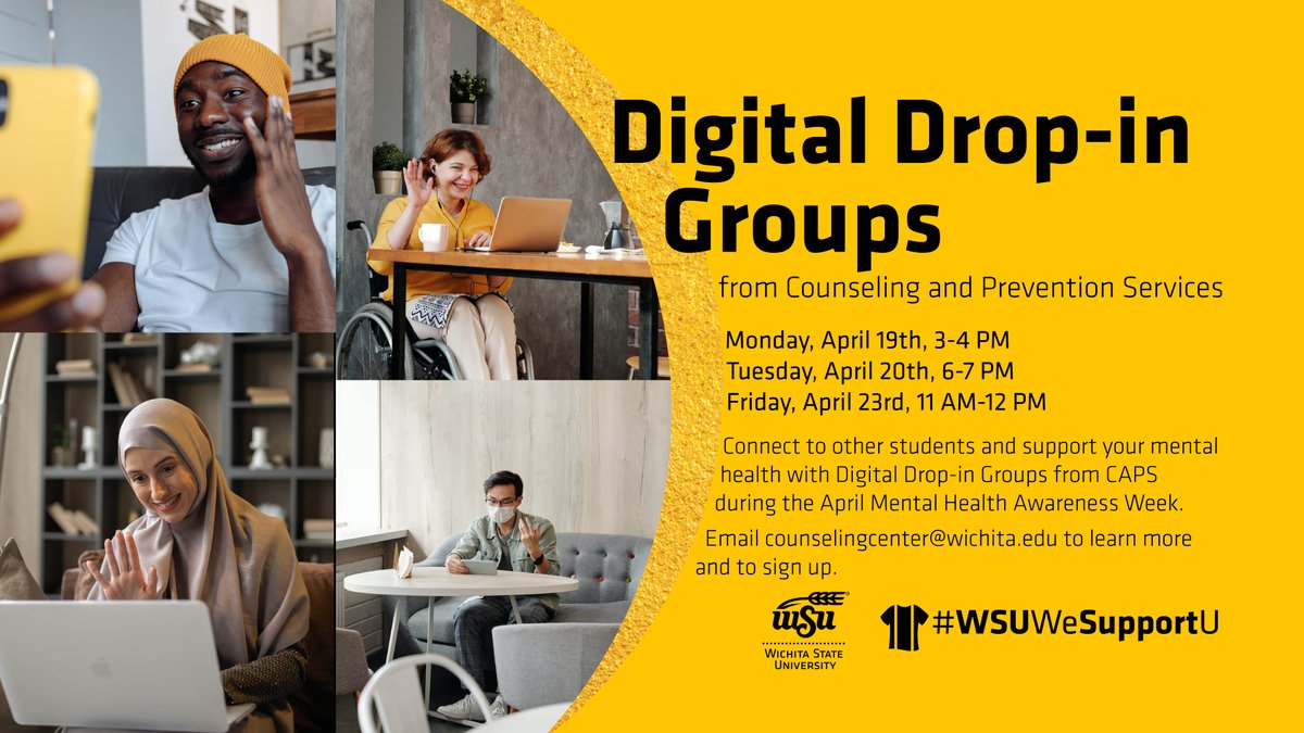 ShockersCAPS's tweet image. CAPS is hosting Drop-in Groups next week for April Mental Health Awareness Week. Email counselingcenter@wichita.edu to sign up for a Drop-In session. #WSUWeSupportU