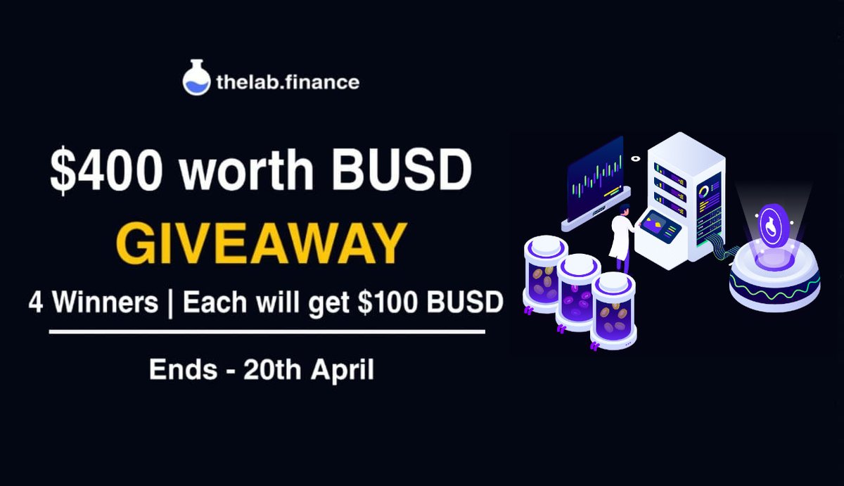 Celebrating thelab finance upcoming #NFT Marketplace Giveaway 

$400 BUSD #GIVEAWAY
4 Lucky Winners will get $100 worth #BUSD Each

✅ Follow <a href="/TheLabFinance/">The Lab Finance | $LABO</a> &amp; <a href="/BNBSwap/">BNB Swap</a>
✅ Like &amp; Retweet
✅ Tag 5 Friends
✅ Comment your #BSC Wallet Address

#Binancesmartchain #BSC #Airdrop $BNB