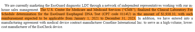 10/ CMS has already given final reimbursement of $1,938.10 for EsoGuard under CPT Code 0114U.(Applicable 1/1/21-12/31/23)This reimbursement can be used as guidepost for private plans.