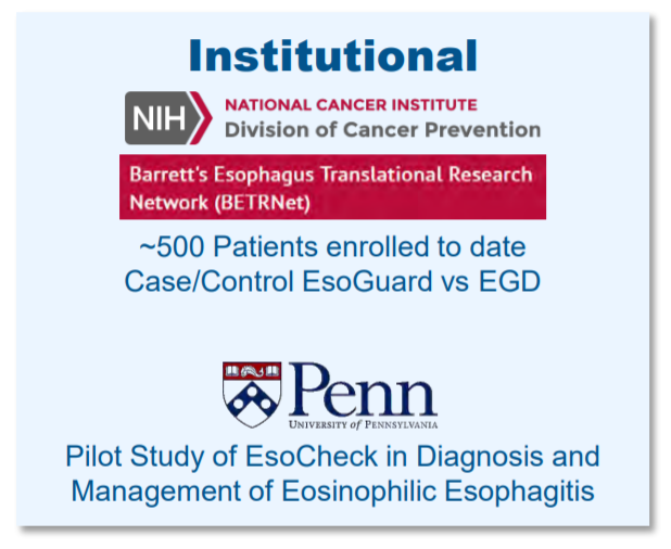 11/ Filed EU's CE Mark for EsoCheck in Nov '20.EsoGuard falls under self-declaration category, should be active by mid '21.Also in separate clinical trial with Penn to evaluate  $PAVM vs. endoscopic biopsy in assessment of another condition, Eosinophilic Esophagitis ("EoE").