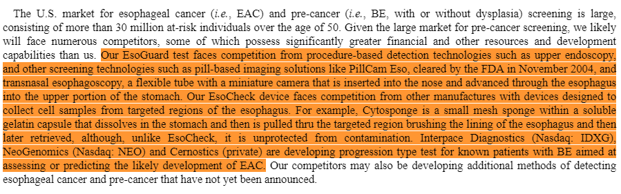 17/ List of other competition include:- PillCam Eso (cleared by FDA in '04)- Interspace Diagnostics (IDXG)- NeoGenomics (NEO)- Cernostics (private)Large market so expect competition but  $PAVM is very well positioned. Others in pic below. A lot acquired by larger players.