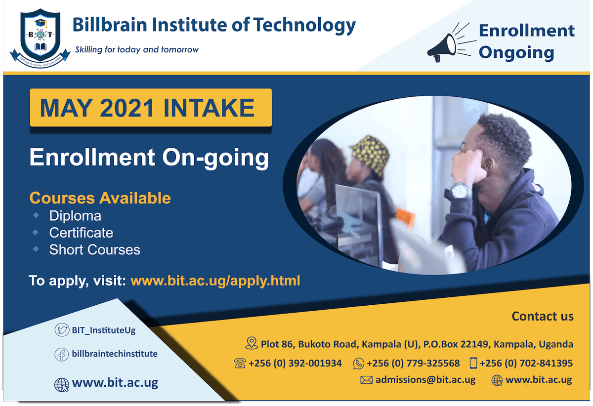 BIT_InstituteUg's tweet photo. #ICT #Diploma, #Certificate, and #ProfessionalCourses for you at #BIT 

Enrollment ongoing: https://t.co/xKSUg8cDJw 

Register for the May 2021 Intake.

#Day, #Evening &amp; #Weekend study options
#Online classes available
#Study_at_BIT
#Retweet https://t.co/CWdNdlmhrs https://t.co/ZrqcN6O6ZE