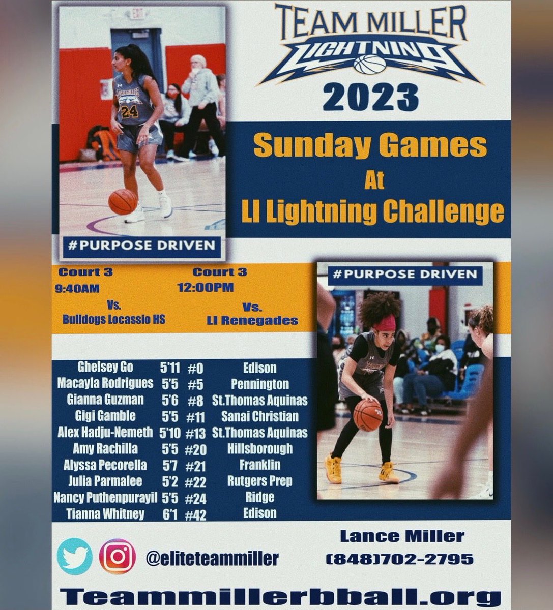 Teammiller 2023 Schedule for Sunday games at Lightning Challenge