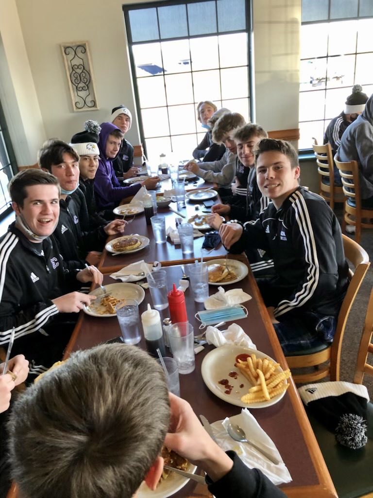 The JV squad stopping for breakfast on the way to Green Bay for a quad today! Great bonding and time spent together! Good luck fellas! Two solid opponents today! Go Abes! 🦅💪⚽️💜