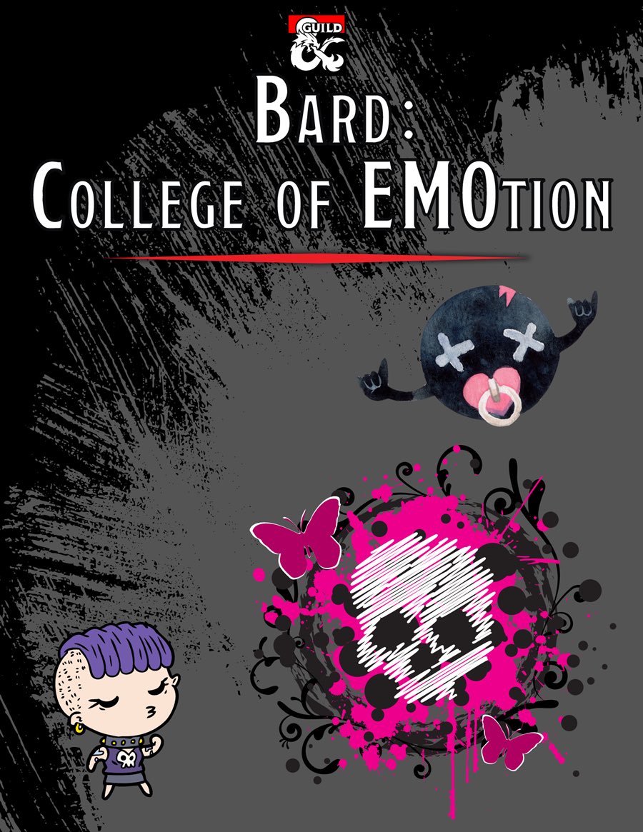I’ll put up my free Bard parody subclass, College of EMOtion 🖤 

It’s high-larry-us.

dmsguild.com/product/352186…