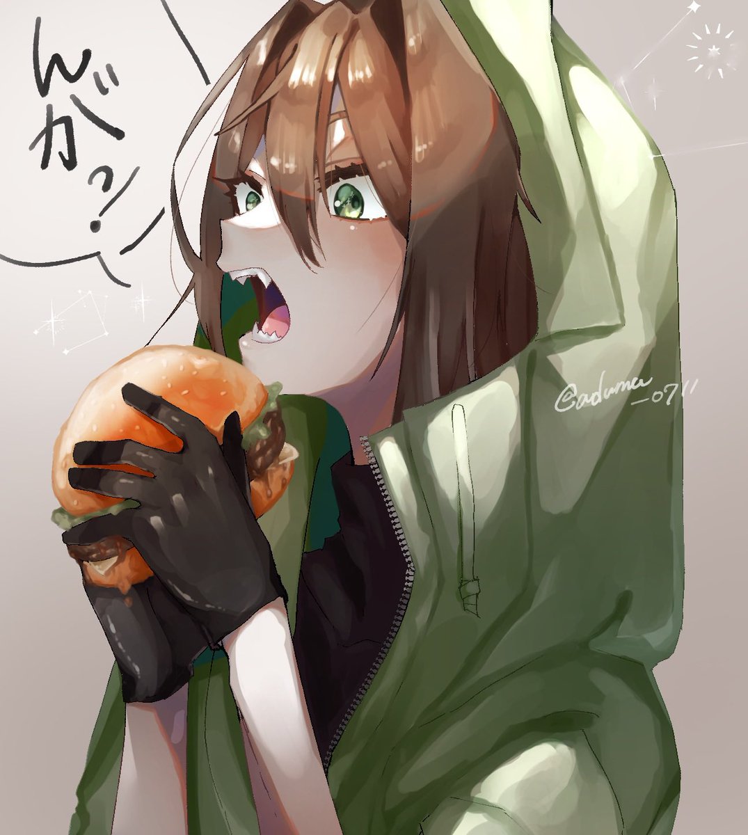 1girl solo green eyes brown hair food open mouth holding food  illustration images