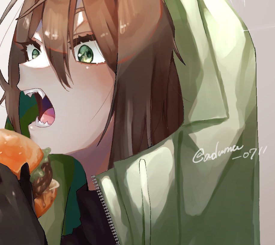 1girl solo green eyes brown hair food open mouth holding food  illustration images