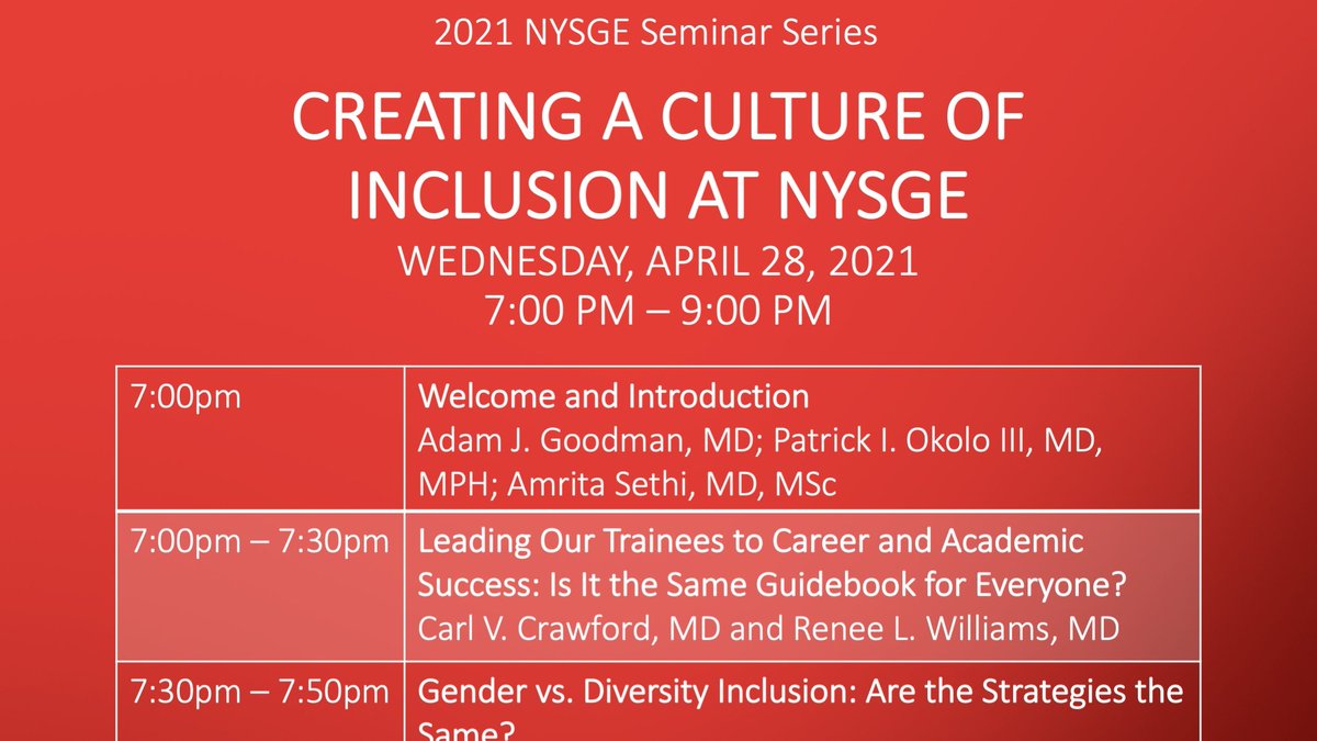 NYSGE's tweet image. Join us Apr 28 from 7-9pm for our next Seminar Series will be ‘Creating a Culture of Inclusion at #NYSGE.' Visit nysge.org for more info and to register.
#GITwitter #DiversityinGI #DiversityinMedicine