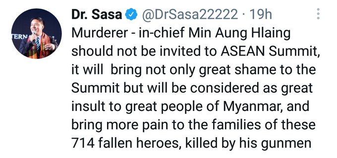 William Maung 🇲🇲 (@william_maung96) on Twitter photo THE COUP IS NOT YET OVER. SAC DOES NOT HAVE EFFECTIVE CONTROL OVER THE COUNTRY. DONT LEGITIMIZE THEM.
By inviting Min Aung Hlaing without consulting with the people of Myanmar, <a href="/ASEAN/">ASEAN</a> is interfering in our affairs and making things worse. <a href="/Menlu_RI/">Menteri Luar Negeri Republik Indonesia</a> <a href="/VivianBala/">Vivian Balakrishnan</a>
#ASEANrejectSAC THE COUP IS NOT YET OVER. SAC DOES NOT HAVE EFFECTIVE CONTROL OVER THE COUNTRY. DONT LEGITIMIZE THEM.
By inviting Min Aung Hlaing without consulting with the people of Myanmar, <a href="/ASEAN/">ASEAN</a> is interfering in our affairs and making things worse. <a href="/Menlu_RI/">Menteri Luar Negeri Republik Indonesia</a> <a href="/VivianBala/">Vivian Balakrishnan</a>
#ASEANrejectSAC