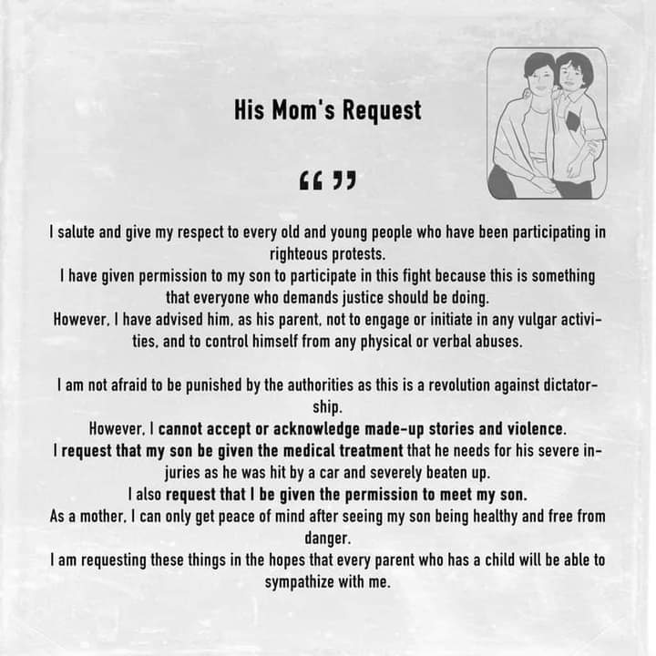 EiTone59060956's tweet photo. Please help Wai Moe Naing’s mother. 
Please let his mom meet him  .
He needs urgent medical supports ‼️
#WhatsHappeningInMyanmar #ReleaseTheDetainees https://t.co/DXByd1IcZ1