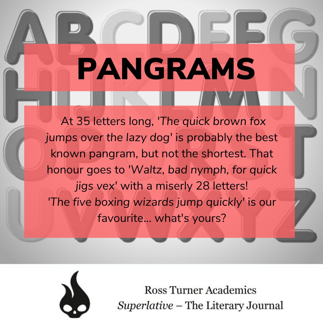 TurnerAcademics's tweet image. At 35 letters long, &apos;The quick brown fox jumps over the lazy dog&apos; is the best known pangram, but not the shortest - that honour goes to &apos;Waltz, bad nymph, for quick jigs vex&apos; with a mere 28 letters!

&apos;The five boxing wizards jump quickly&apos; is our favourite!

#pangrams #wordplay