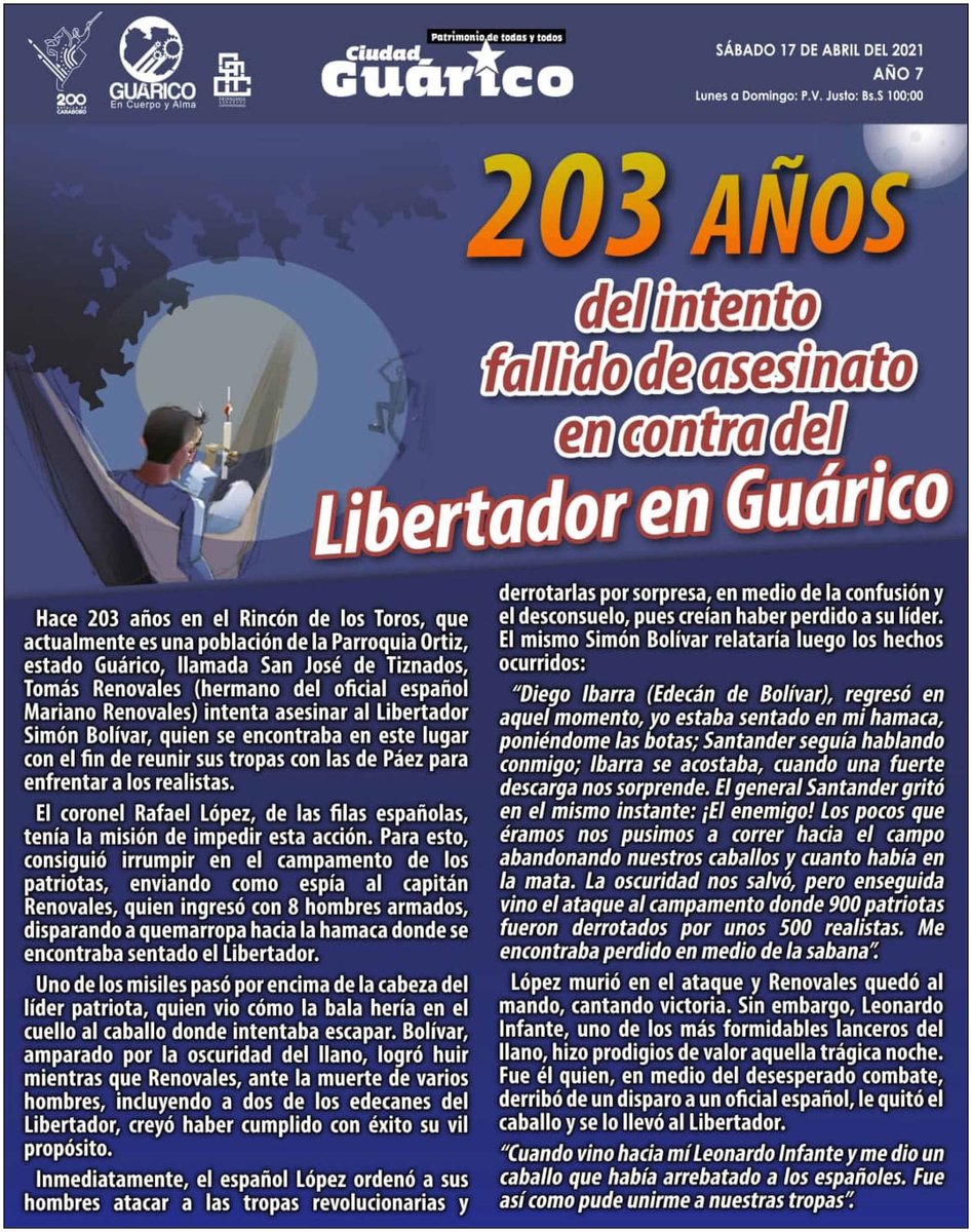 #CiudadGRC📰 203 años del intento fallido de asesinato en contra del Libertador de Guárico 🔴 

#DaleUnParaoALaCovid
#GuáricoProtecciónSocialParaTodos