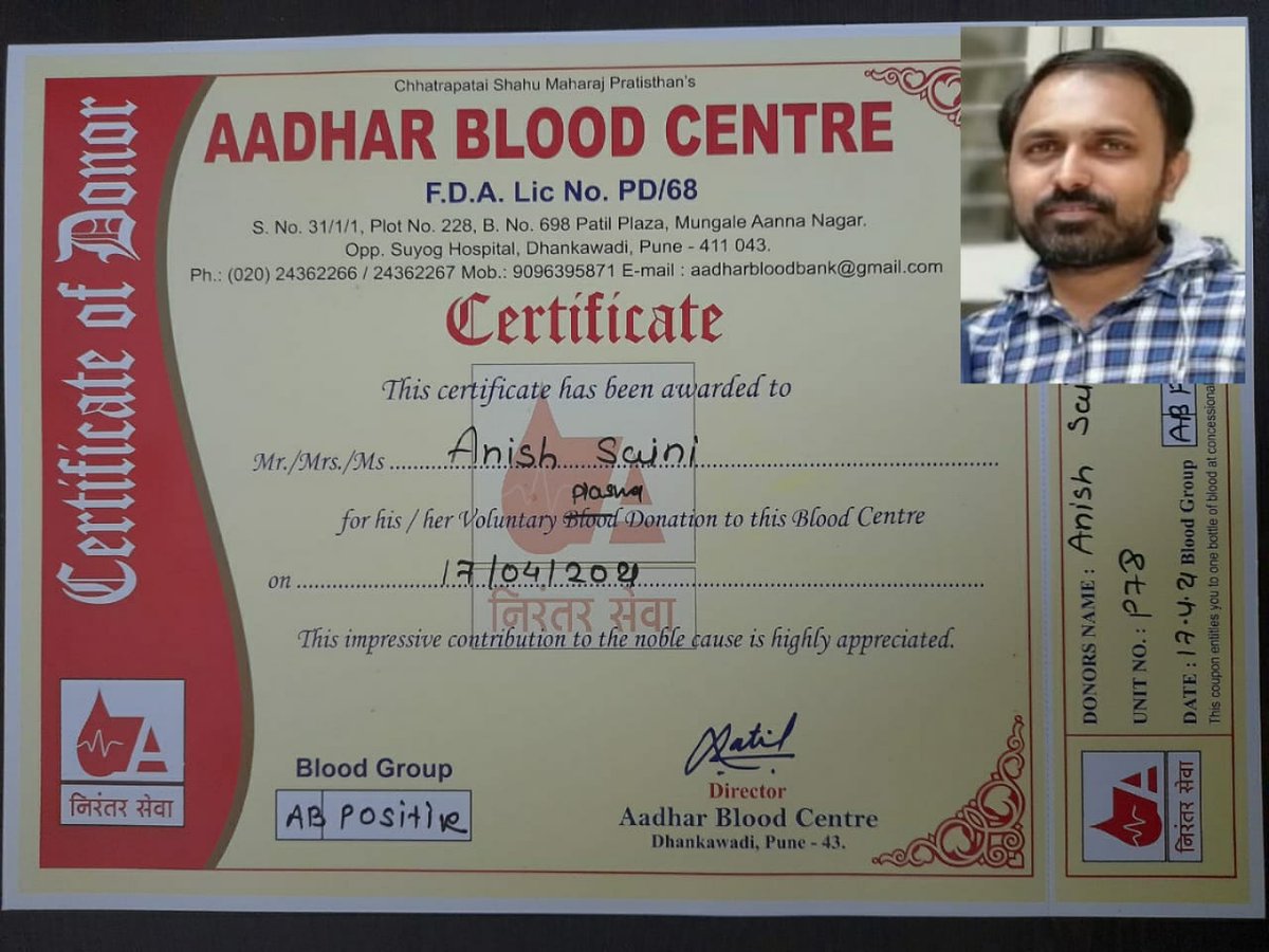 Tx a ton to #MrAshish for donating plasma, our first donar saved life of 2 patients.
TX  <a href="/blood4pune/">Blood For Pune</a> <a href="/TeamSOSIndia/">Team S.O.S India</a> <a href="/ajaypardeshi/">Ajay Pardeshi</a> <a href="/TheNiteshSingh/">Nitesh Singh</a> for organizing the process. Appeal to all to come forward and save LIVES!!!
<a href="/IAS_Rubal/">Rubal Agarwal</a> 
<a href="/jkbbpune/">JanKalyan Blood Bank Pune</a>