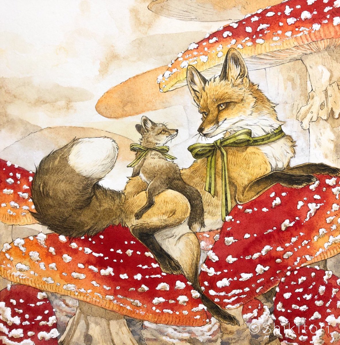 mushroom no humans animal focus animal fox traditional media painting (medium)  illustration images