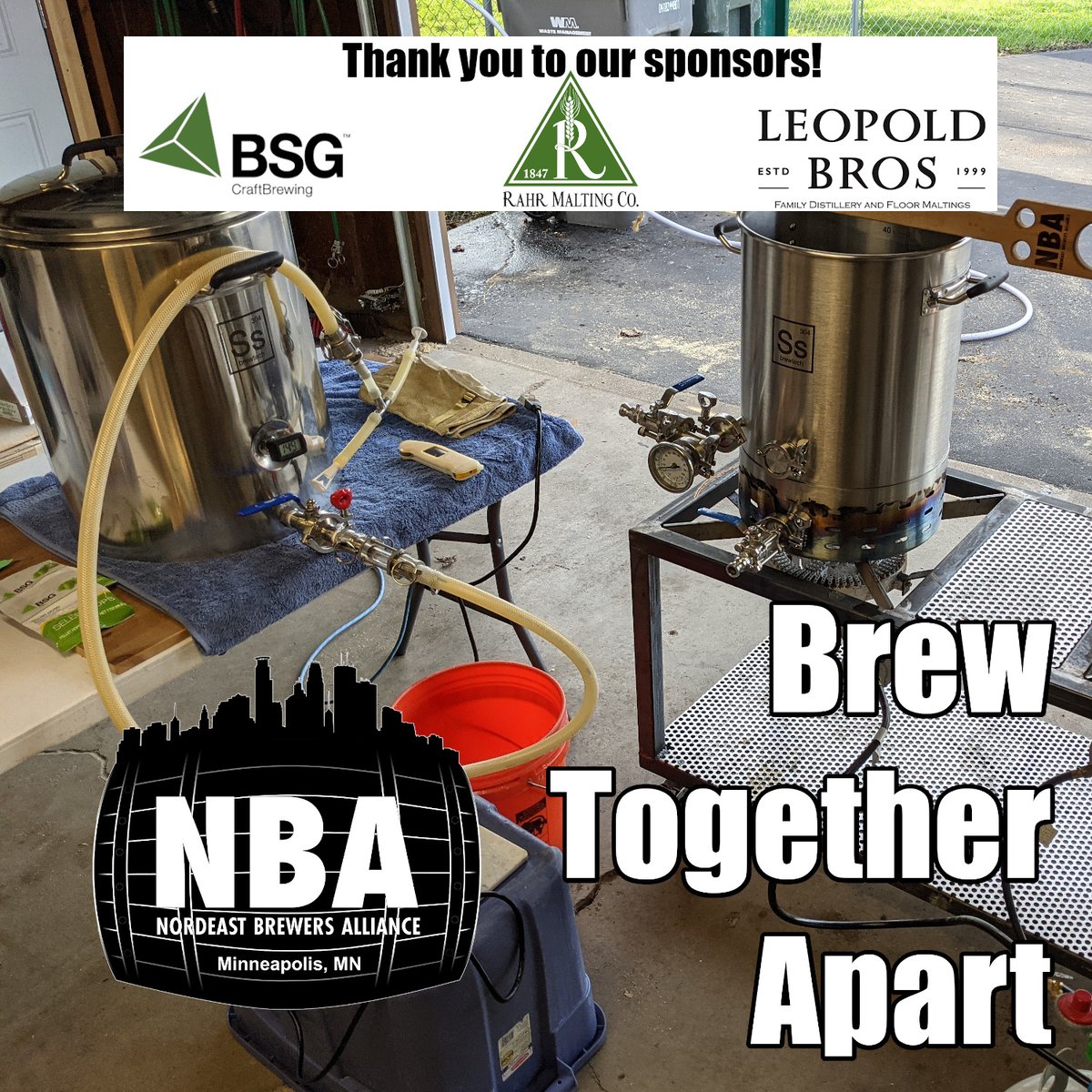 Happy brew day, all! Today the NBA kicking off our first Brew Together-Apart event sponsored by <a href="/BSGCraftBrewing/">BSG CraftBrewing</a>  featuring <a href="/rahr_malt/">Rahr Malt</a> North Star Pils malt and <a href="/LeopoldBros/">Leopold Bros.</a> Pale Ale malt. Watch #nbabrewday for posts from the club. Cheers!