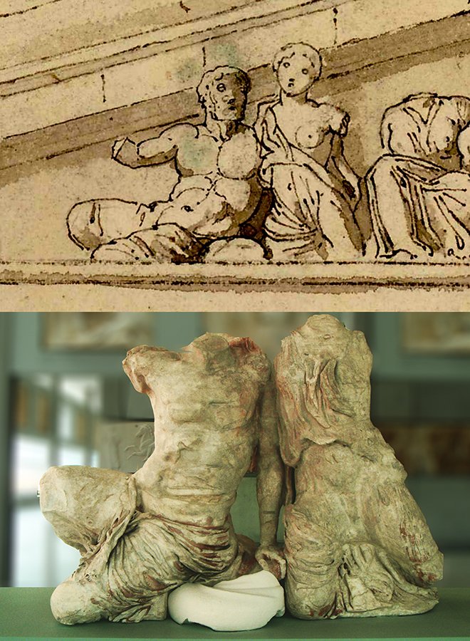 79The west pediment of the Parthenon portrays the dispute between Athena and Poseidon regarding who would become the divine protector of Athens.Kekrops and his daughter Pandrosos sculpture they kneel on the ground. Displayed in the Acropolis museum