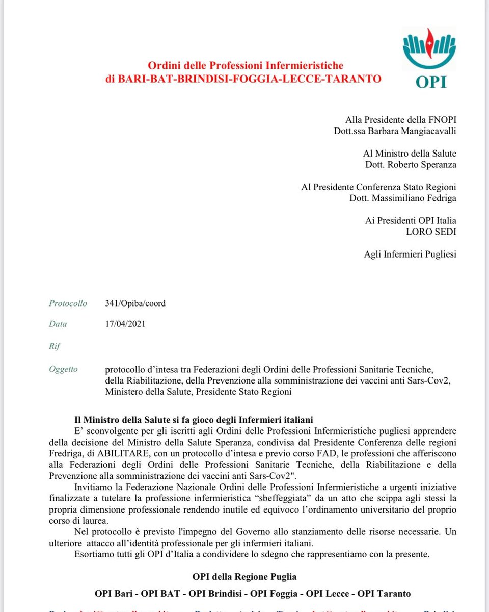OPI_BAT's tweet photo. Il #Ministro della #Salute si fa #gioco degli #italiani. È il #comunicato pubblicato dal coordinamento degli #OPI #Pugliesi indirizzato  alla presidente #fnopi Barbara Mangiacavalli https://t.co/lNWYzkinFJ
