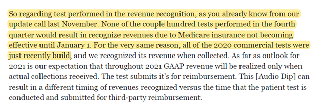 25/ Despite performing few tests, no revenue recognition yet.Per CEO, must be recognized upon receipt of cash.  $PAVM didn't submit claims yet - keep in mind CMS payment became effective in 1/1/21. Past claims submitted as of Q1'21.Revenue coverage metrics coming Q1'21.