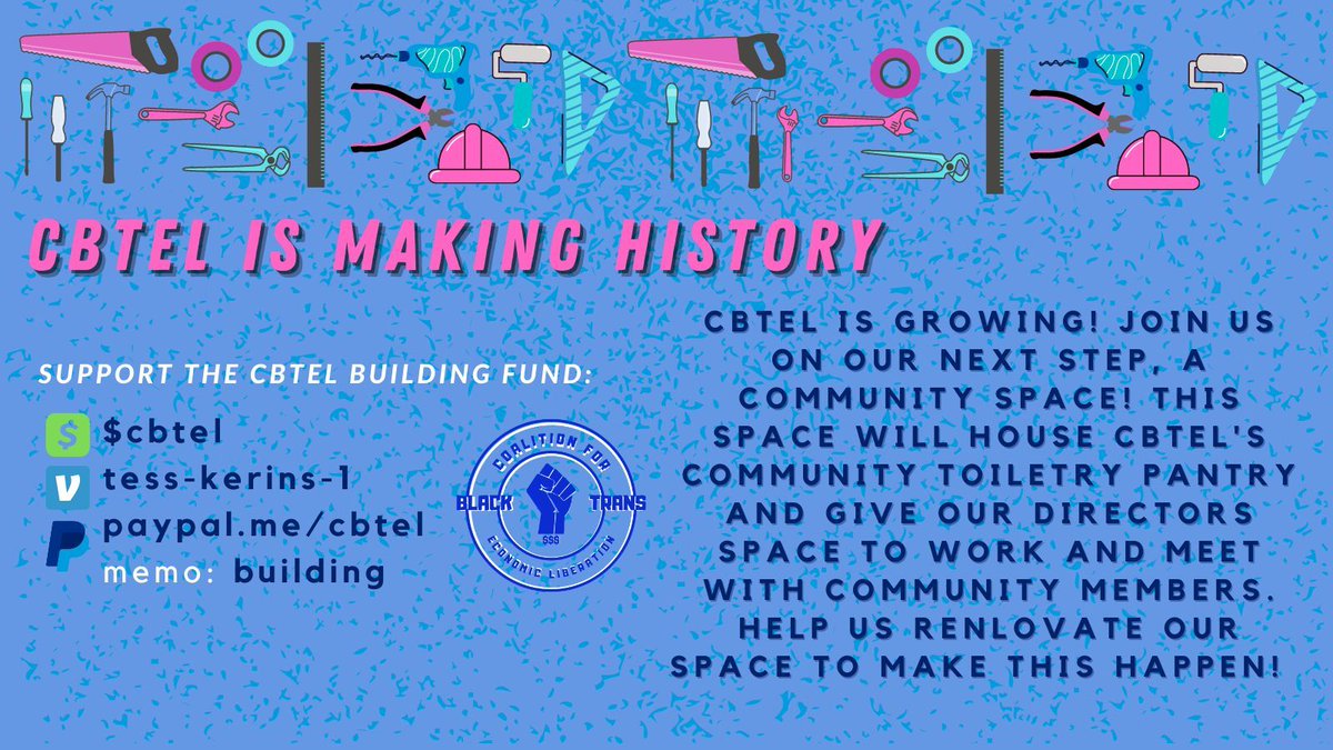 CBTEL2020's tweet photo. Help us renovate CBTEL Headquarters! CBTEL directors need space to work, meet with community members, store CBTEL’s community toiletry pantry, and more when it’s safe to do so! RT!
#BlackTransLivesMatter #BlackQueerLivesMatter #btlm #blm #philly #philadelphia #lgbtPhilly #lgbt https://t.co/2yYFdUcG4J