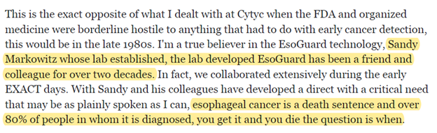 36/ Lapidus is tight w/ Sandy Markowitz whose lab established EsoGuard from CWRU (worked together since  $EXAS days for >2 decades).Lapidus' expected involvement in spun-off entity also not disclosed. Nobody better than Lapidus for guiding Lucid.