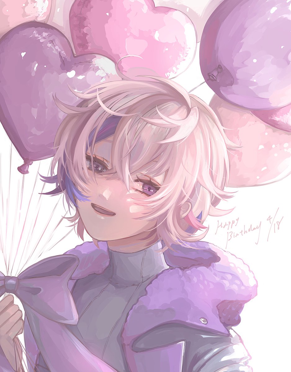 1boy male focus balloon solo purple eyes pink hair smile  illustration images