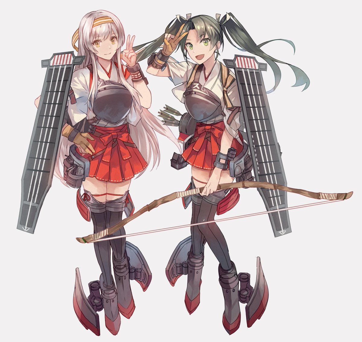 shoukaku (kancolle) ,zuikaku (kancolle) multiple girls 2girls long hair japanese clothes skirt twintails muneate  illustration images