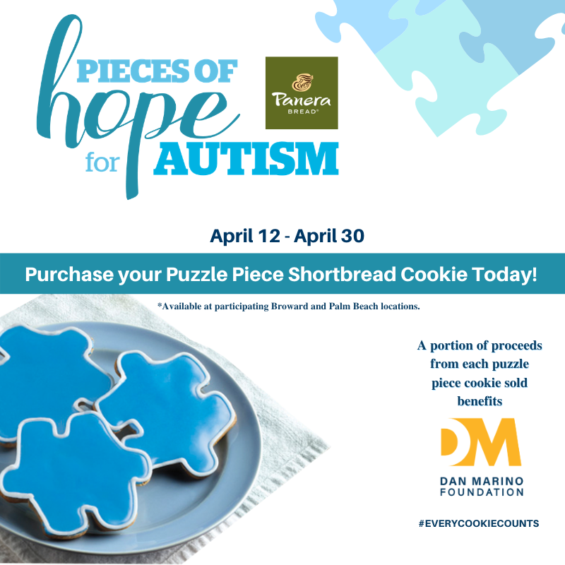 DanMarinoFdtn's tweet photo. Get a cookie, make a difference! Today until April 30th a portion of the proceeds from the Puzzle Piece Shortbread Cookie at participating @panerabread come back to the Dan Marino Foundation! Get yours today! #togetherweWIN #autismawareness #piecesofhope #everycookiecounts https://t.co/mioJiI1cVG