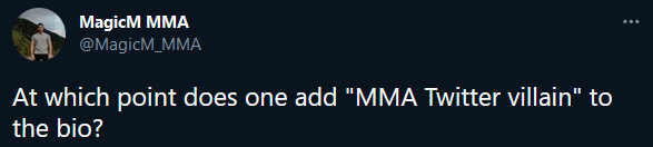 _MMAJay's tweet photo. @MagicM_MMA When you get your shit together and starts to acknowledge the fact that you can have discussions about MMA without blocking everybody when your EGO feels threatened. You can add "Self-awareness level 0" to your bio before you start adding anything else https://t.co/OGx3LGmXRX