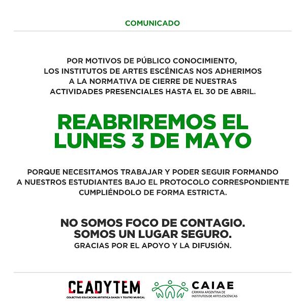 Los estudios  de formacion artistica regresamos el 3 de Mayo.
No solo porque son espacios seguros sino porque hacemos  a la salud.
Mente sana en cuerpo sano.