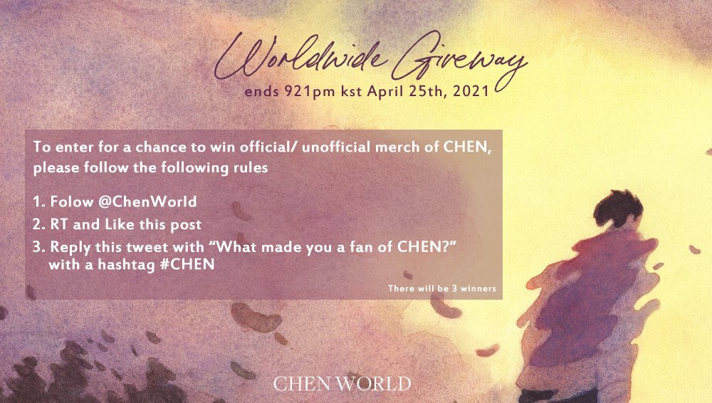 ChenWorld's tweet image. [WW Giveaway]
Also, to celebrate CHEN World's 9th anniversary and our relaunch from 25th April, our admin team has gathered some CHEN merch for a giveaway!

Please follow the following rules for a chance to win official/ non-official CHEN merch items!

3 winners will be chosen☺️