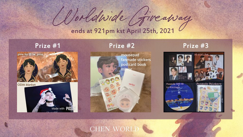 ChenWorld's tweet image. [WW Giveaway]
Also, to celebrate CHEN World's 9th anniversary and our relaunch from 25th April, our admin team has gathered some CHEN merch for a giveaway!

Please follow the following rules for a chance to win official/ non-official CHEN merch items!

3 winners will be chosen☺️