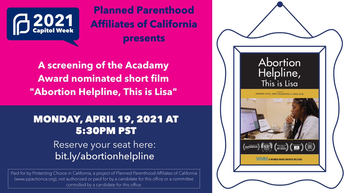 Join me Monday night at 5:30pm, for a virtual screening of the short film “Abortion Helpline, This is Lisa.” I’ll be asking special guest Director @JanetGoldwater about the inspiration and making of the film, then having a convo with members of @CaWomensCaucus + PP leadership.