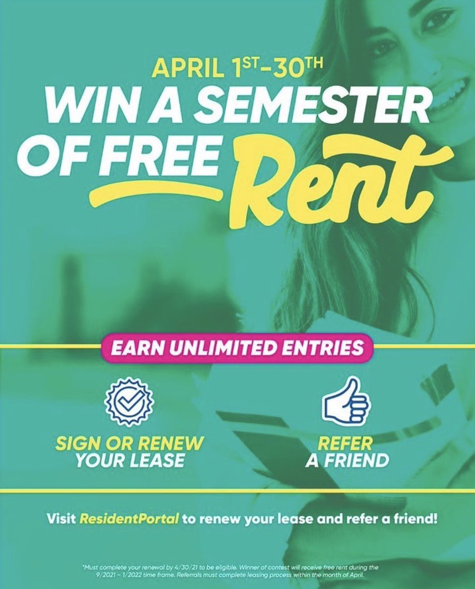 Hey everyone! Sign or renew your lease with us this month to be entered in to win a free semester of rent!! If you refer a friend and they sign too, you’ll get $100 on us and another entry into the giveaway!! #ECU #studentliving #lovewhereyoulive