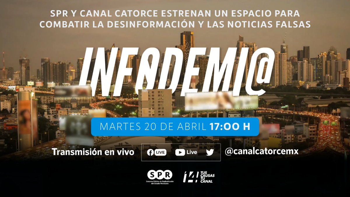 Acompáñanos a combatir la #Infodemia en la presentación del nuevo programa de <a href="/canalcatorcemx/">Canal Catorce</a>.

➡️ Martes, 17:00 h.⏰
🎙️Con: <a href="/jenarovillamil/">Jenaro Villamil</a> , Leticia salas, <a href="/FernandoChamizo/">fernando chamizo</a>, <a href="/bernardallorent/">Bernarda Llorente</a> de <a href="/AgenciaTelam/">Agencia Télam</a> y Mariana Castro de <a href="/CINUmexico/">ONU Noticias México</a>.

 📲 youtu.be/viR8zHkkvT8