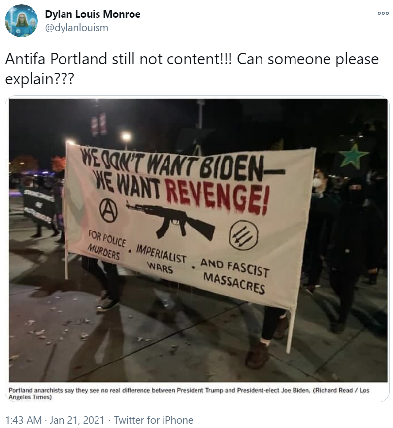 zei_squirrel's tweet photo. whenever antifa is trending bc of some deranged right-wing hysteria I'm reminded of when they claimed it was a secret plot by democrats and biden to create chaos under trump. most of them immediately memory-holed that without any issue, but some were left profoundly confused https://t.co/WjEGItWmvN